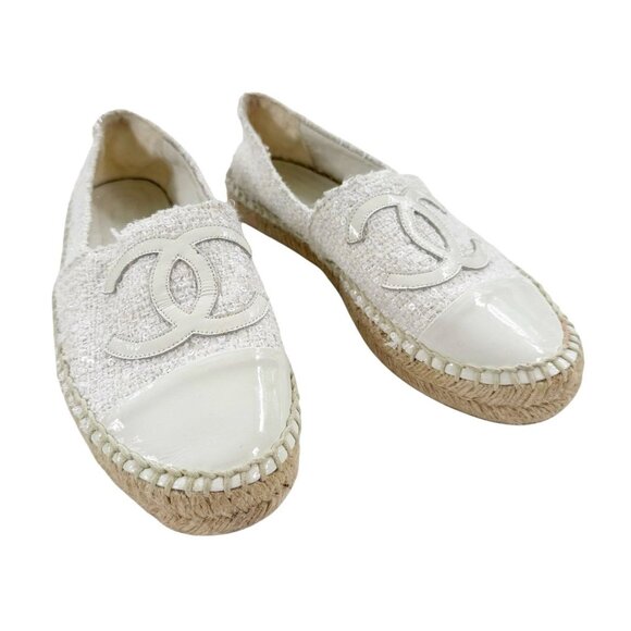 CHANEL Shoes - Chanel Tweed Sequin Logo Cap Toe Espadrilles Cream Size EU37